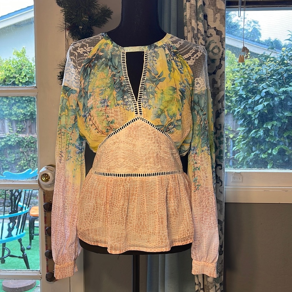 Bebe long sleeve lace and floral print blouse